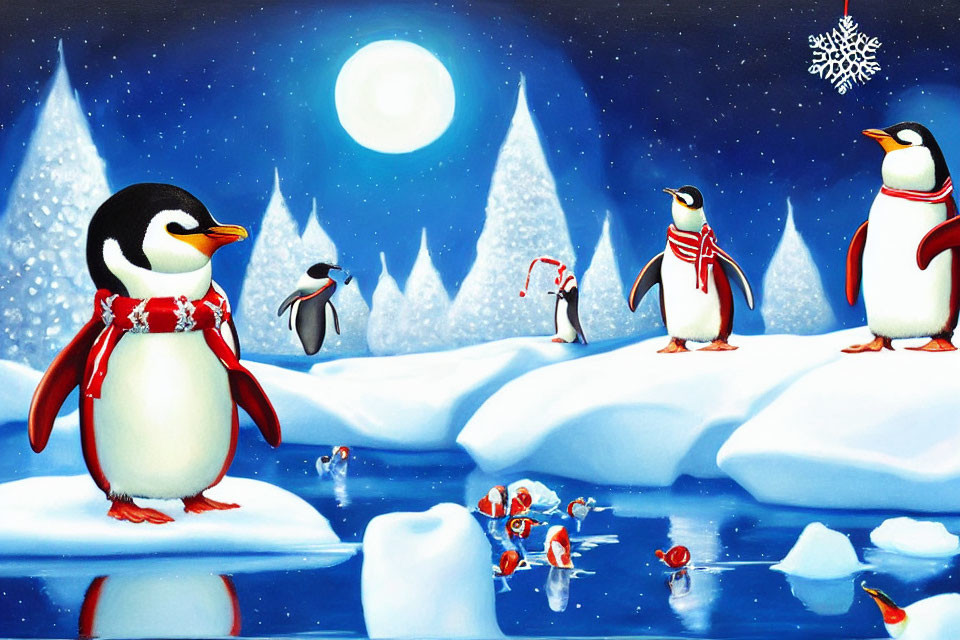 Cartoon penguins in scarves on snowy landscape with icebergs, Christmas trees, and full