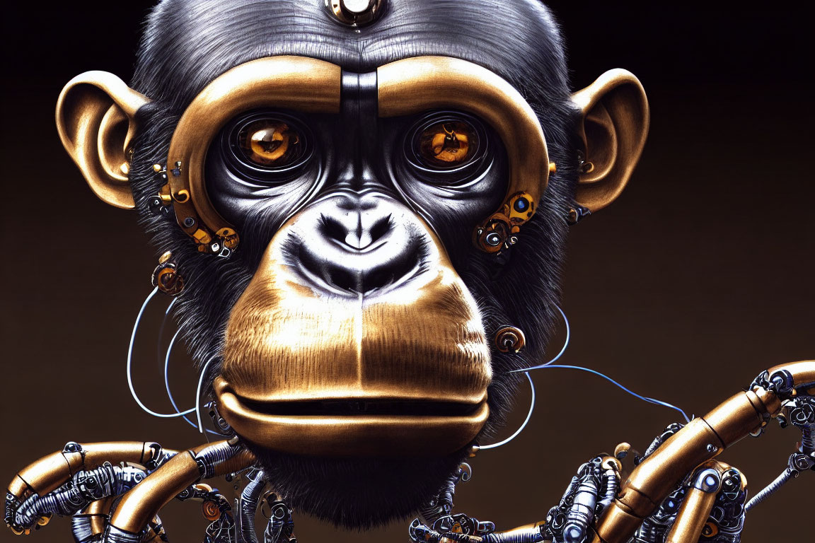 Illustration of cybernetic chimpanzee with golden face and glowing orange eyes