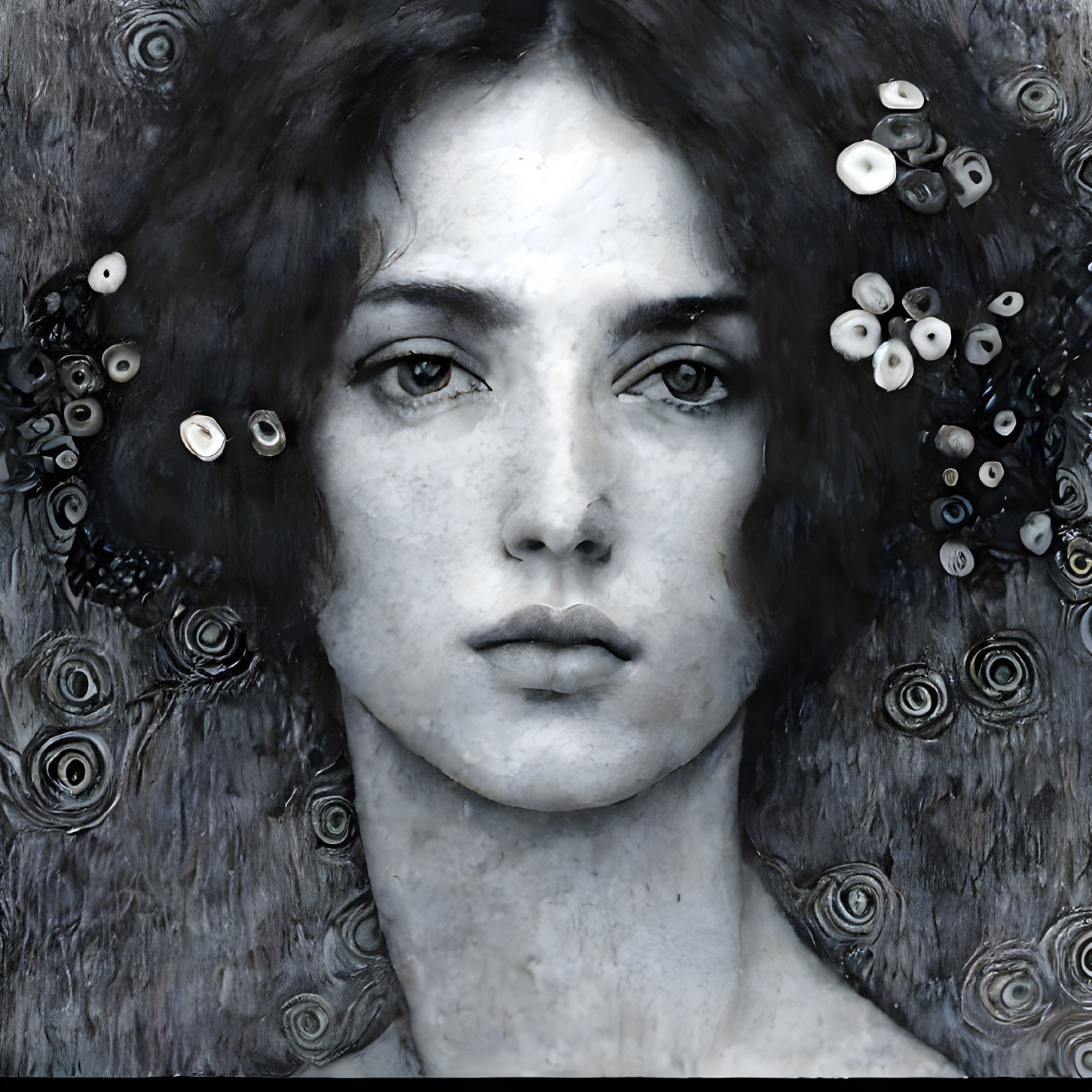 Monochrome portrait of a woman with buttons and spiral textures in her hair