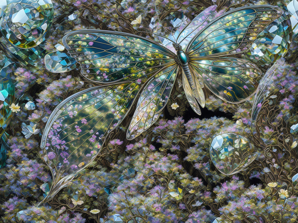 Digital Artwork: Butterfly with Jewel-like Wings and Ornate Floral Background