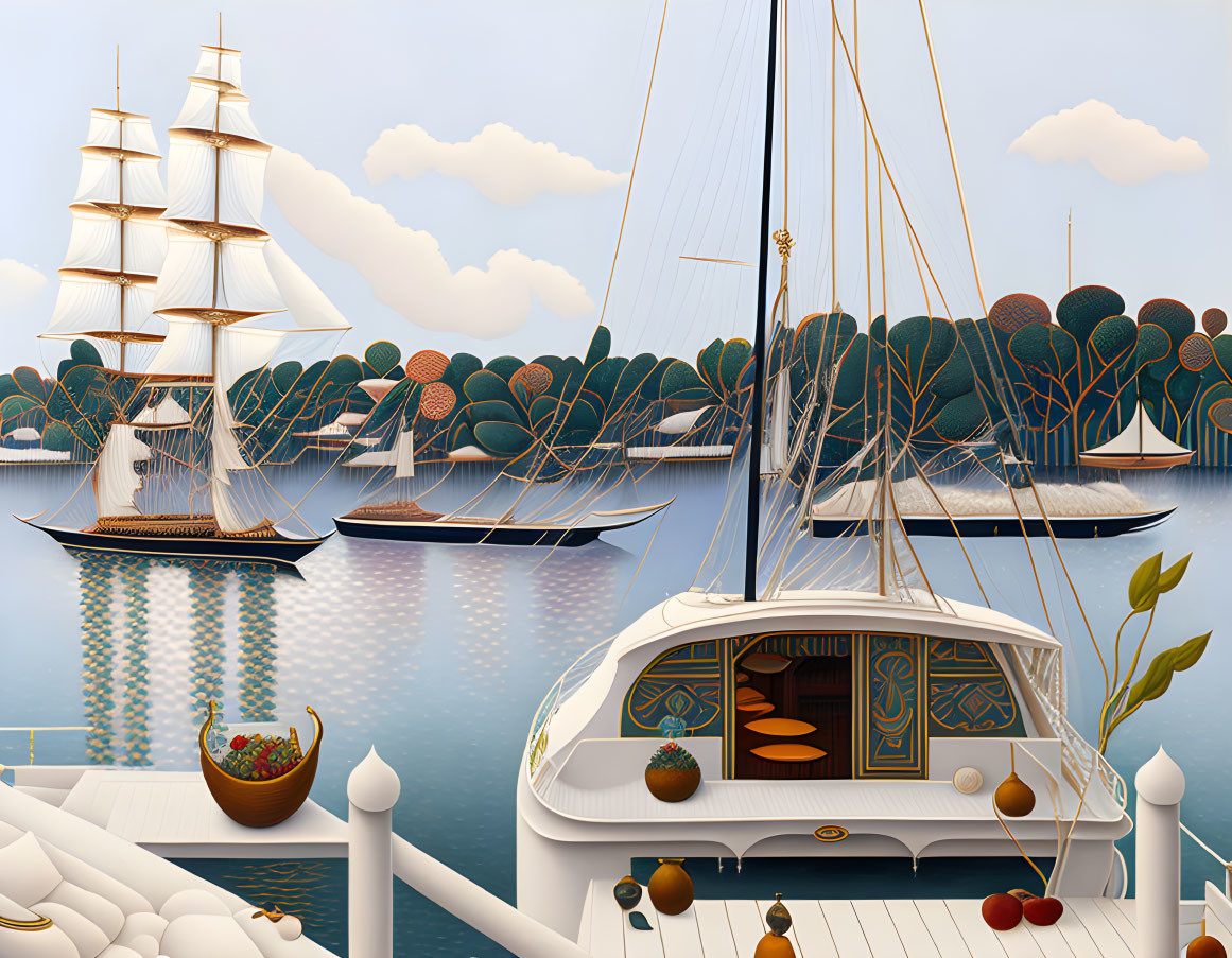 Tranquil marina scene with sailboats, tall ship, calm waters, and stylized trees