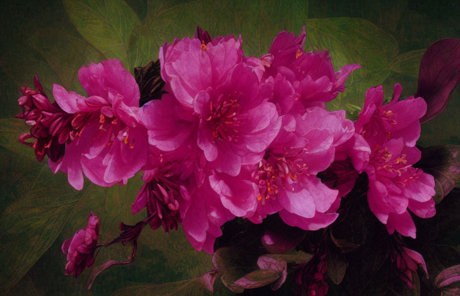 Close-up of vibrant pink cherry blossoms on muted green textured background