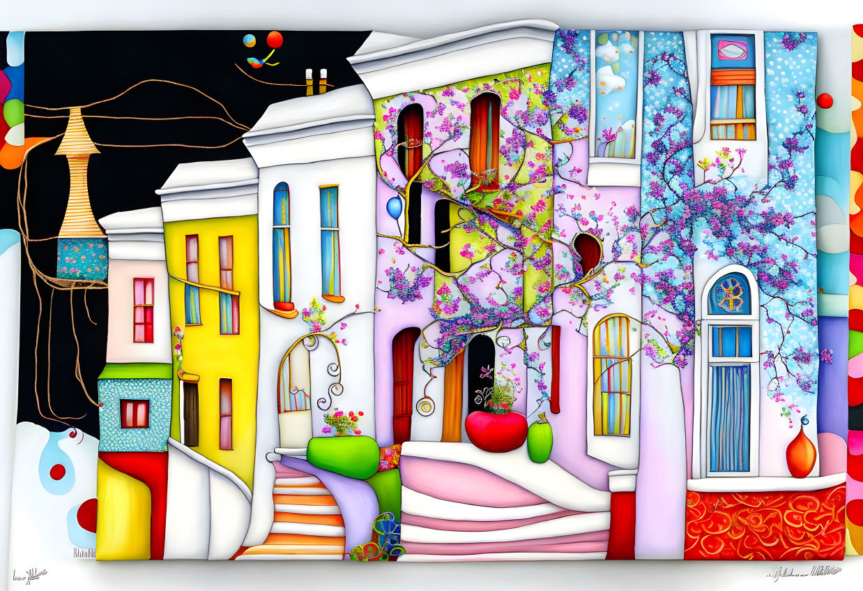 Vibrant street scene with stylized buildings and whimsical decorations