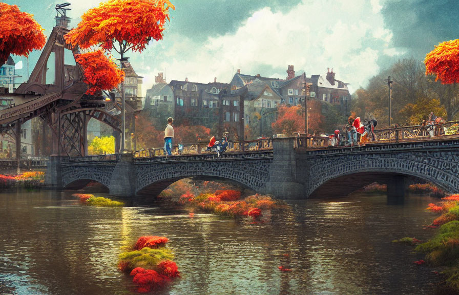 Scenic bridge over river with people and orange trees in autumn setting