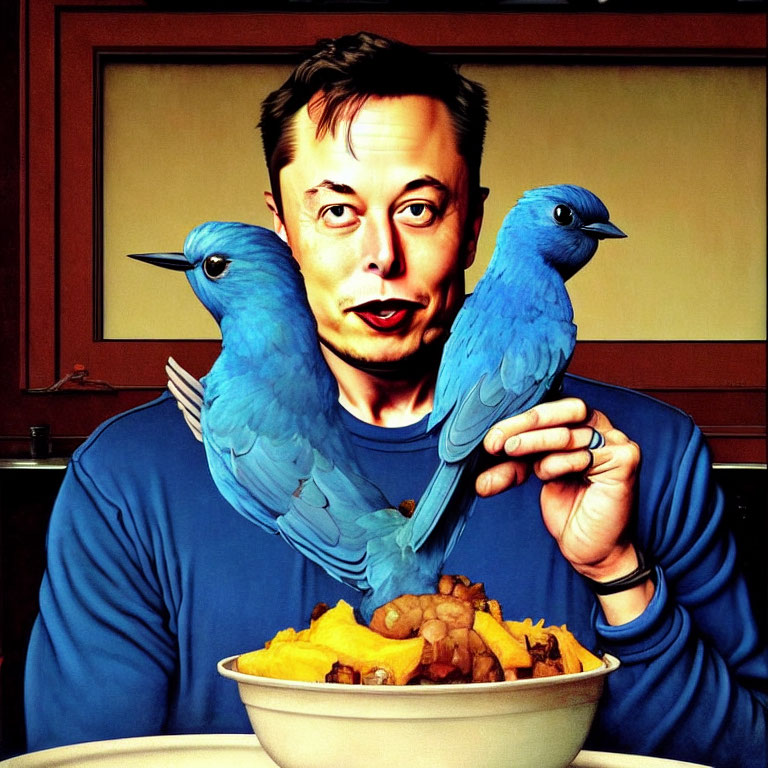 Stylized image of person with fork, bluebirds, and bowl