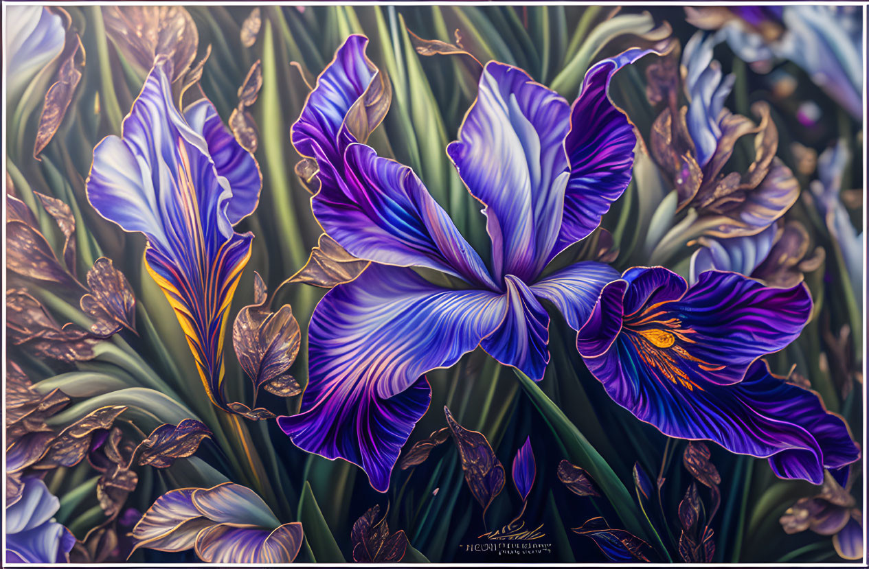 Detailed purple iris flower illustration with soft bokeh background