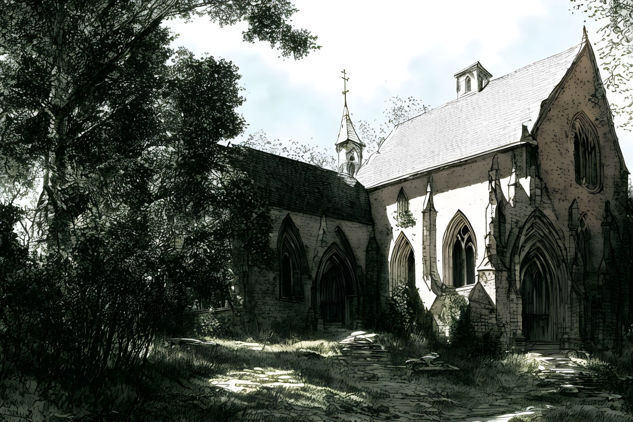 Gothic Architecture Church in Foliage and Soft Light