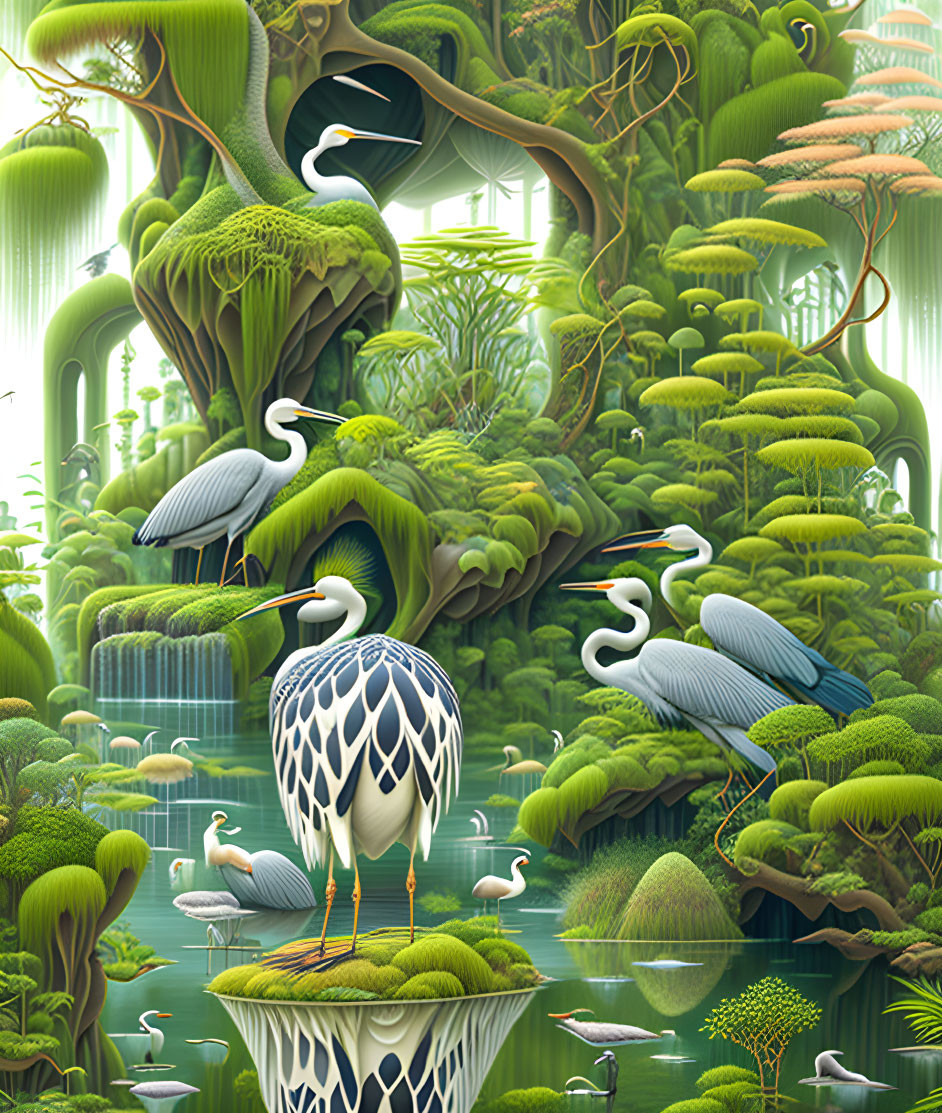 Fantastical illustration of lush green forest with herons and waterfalls