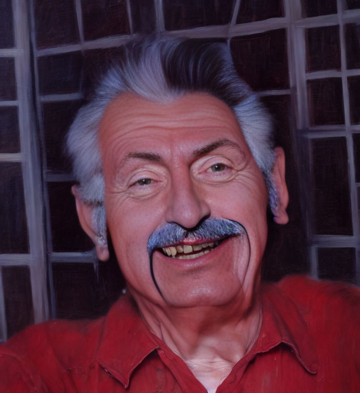 Elderly man with mustache in red shirt against window background