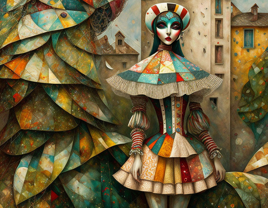 Surreal illustration of woman in patchwork dress with ruffled collar