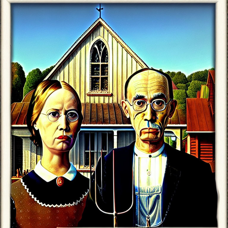 Classic painting of stern-faced couple with pitchfork in front of American Gothic house