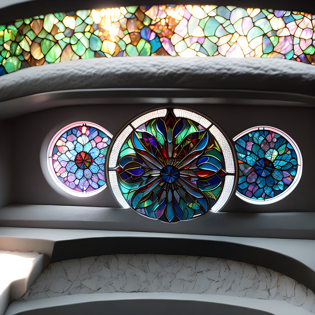 Colorful Stained Glass Windows Above Bench in Wall