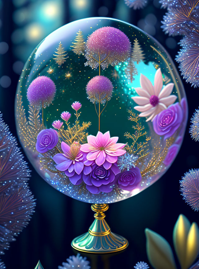 Glass terrarium with glowing fantasy flowers and trees on ornate stand