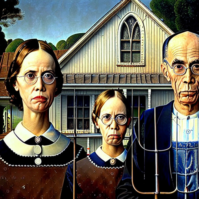 Classic painting of stern farmer, woman, and girl by Gothic house