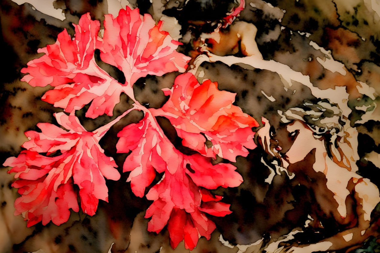 Vibrant red leaves in watercolor against abstract fall background