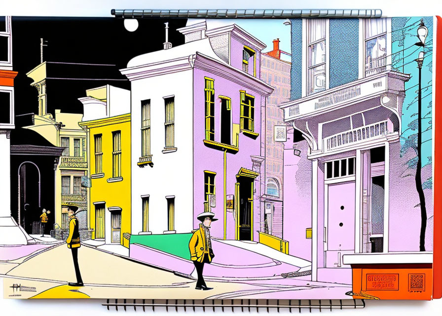 Vibrant city street corner illustration with colorful buildings and a pedestrian