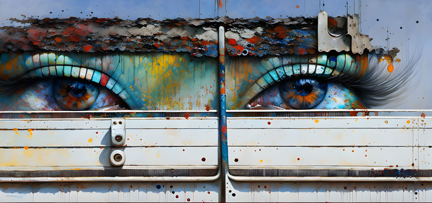 Hyper-realistic eyes mural on rusting metal door - vibrant colors, detailed eyelashes, blending with