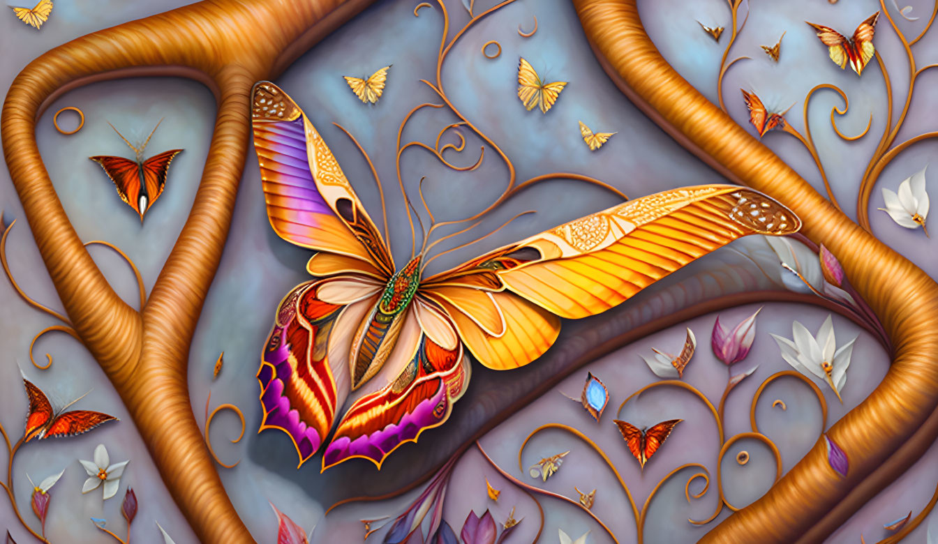 Colorful digital painting of large orange butterfly with intricate patterns, surrounded by smaller butterflies, woody vines