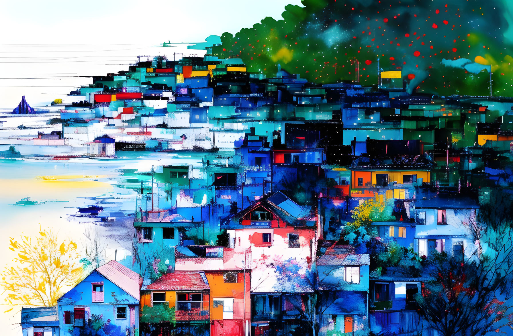 Vibrant Hillside Village Scene with Colorful Houses