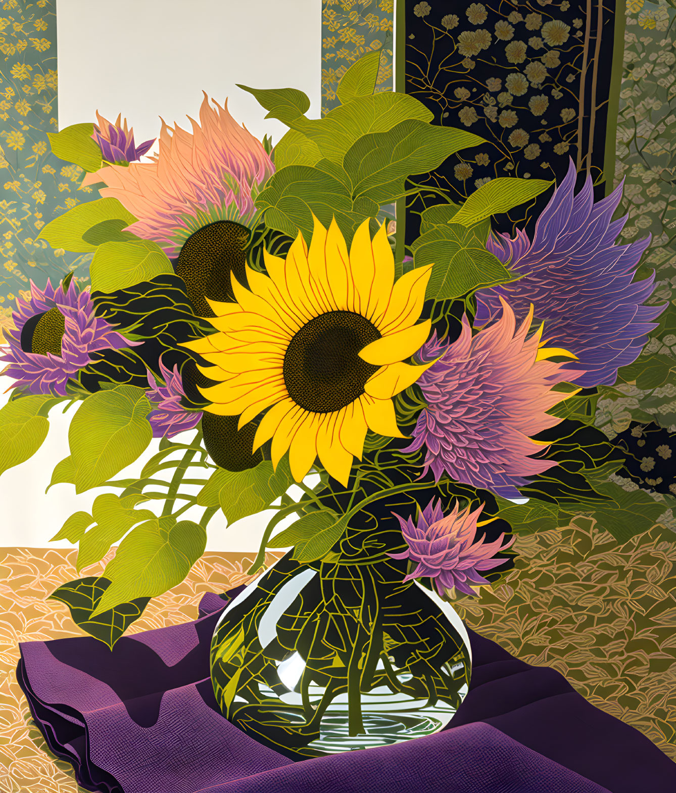 Colorful Sunflower Bouquet in Glass Vase on Patterned Background