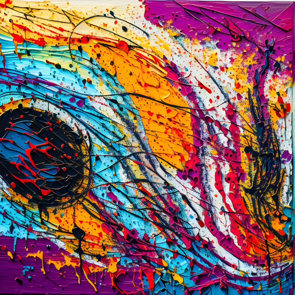 Colorful Abstract Painting with Yellow, Blue, Purple, Red, and Black Swirls