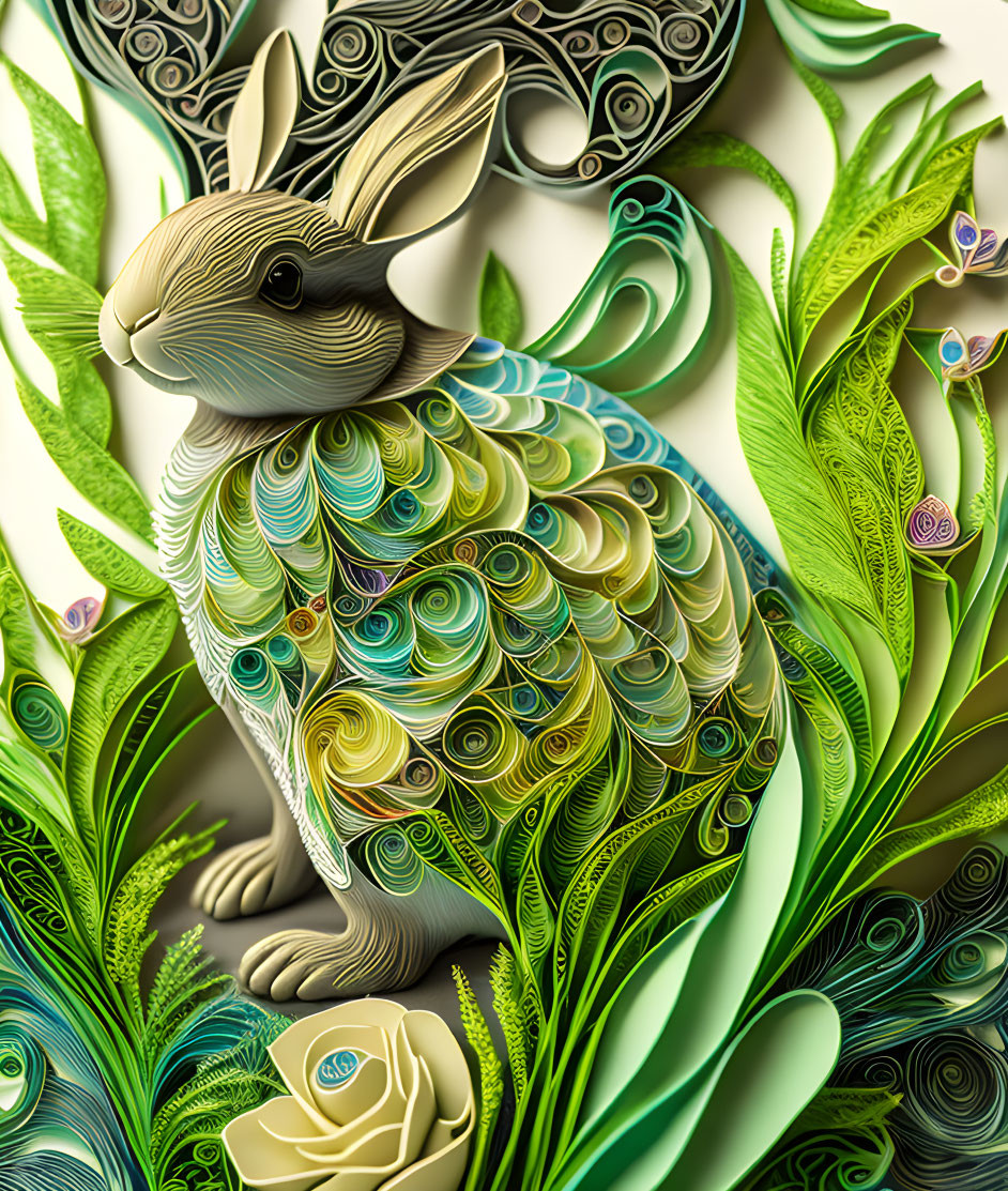 Colorful paper quilling rabbit surrounded by intricate foliage and flowers