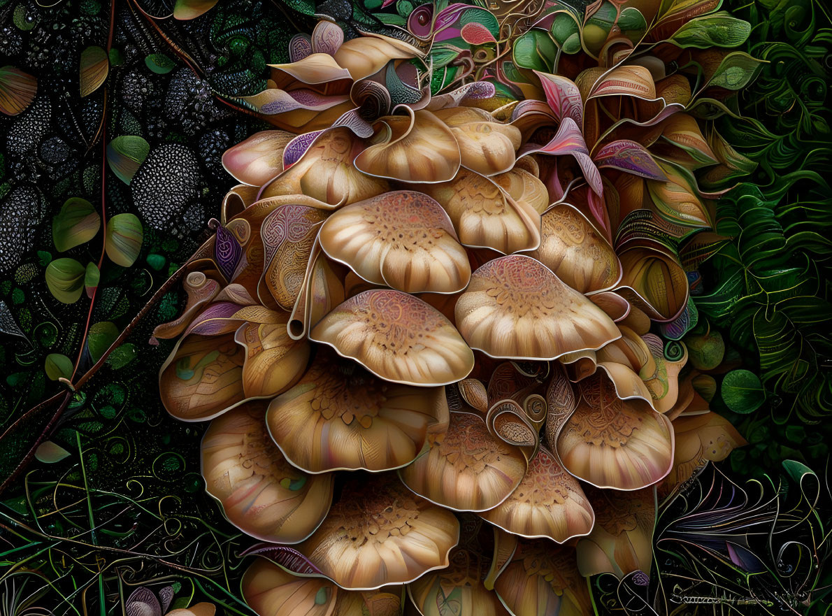 Detailed illustration of ornate mushrooms with leaf and vine patterns on dark background