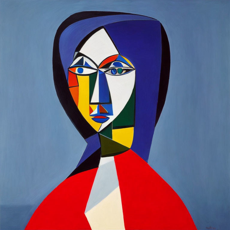 Abstract geometric portrait of a woman with divided face in bold shapes and contrasting colors against blue background