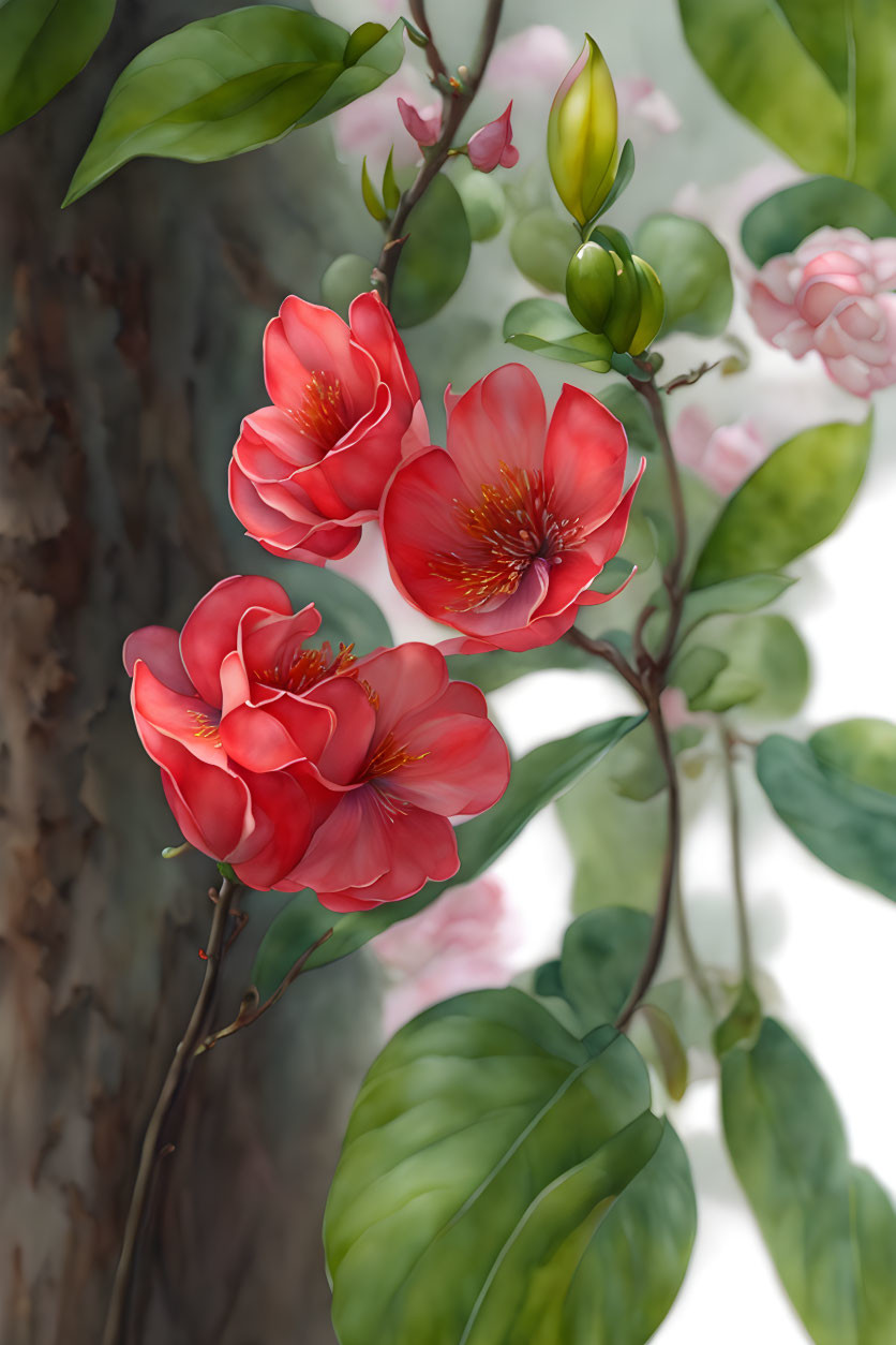 Colorful floral arrangement against tree trunk backdrop