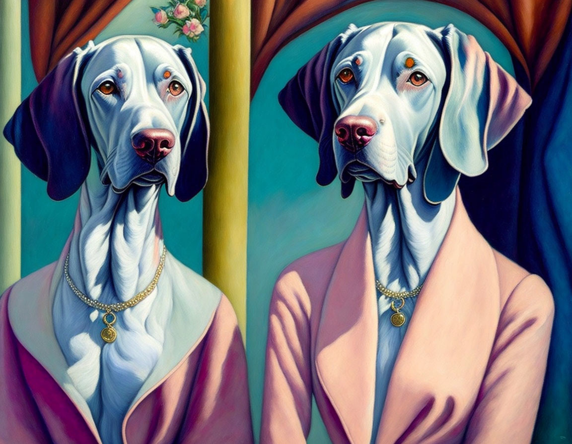 Surreal artwork featuring Weimaraner dogs in regal attire