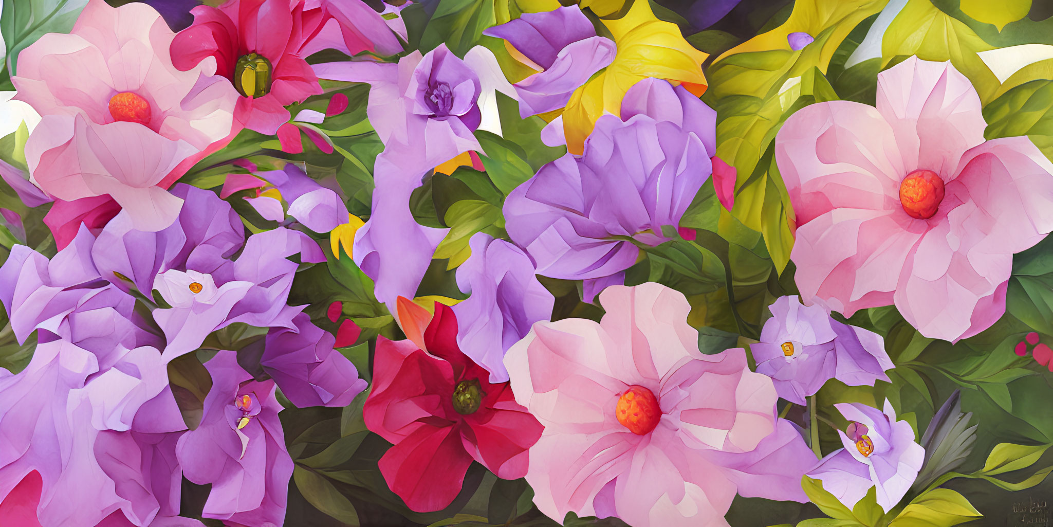 Colorful Flower Painting with Pink, Purple, Red, and Yellow Blooms