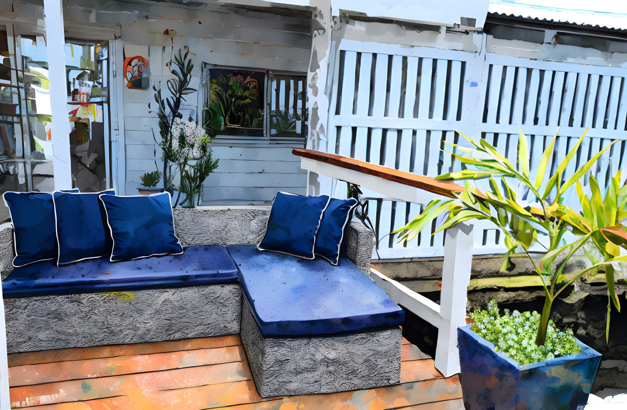 Blue Cushioned Outdoor Seating Area with Grey Sofa and White Railing