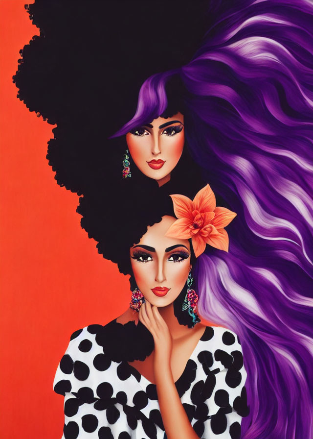 Two stylized women with exaggerated features and vibrant makeup on a red background.