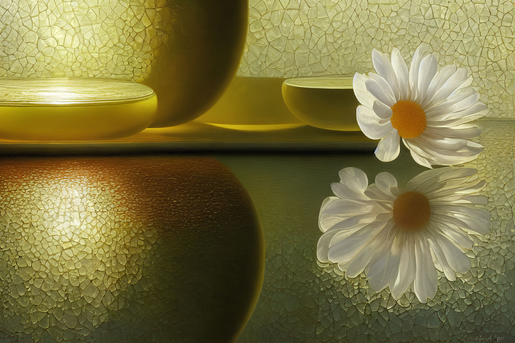 White Daisy and Gold Plates in Serene Digital Art