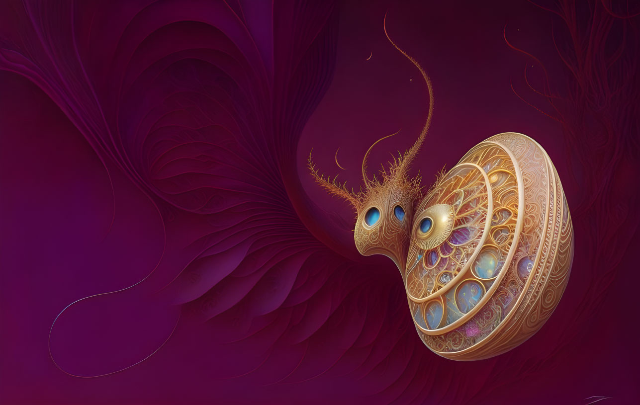 Surreal digital artwork of golden creature with multiple eyes