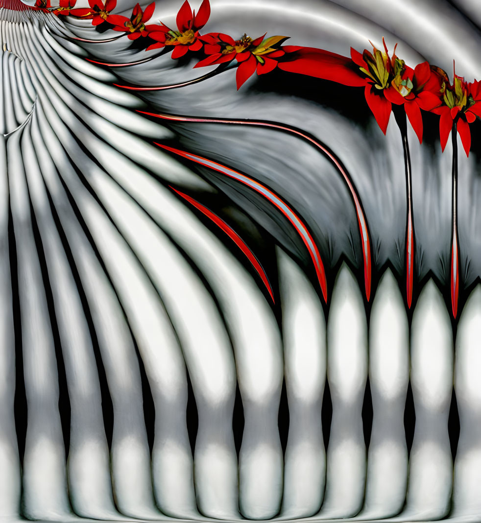 Abstract Black and White Lines with Red and Yellow Flowers