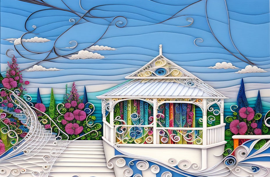 Colorful paper quilling art: Whimsical gazebo and floral patterns under blue sky