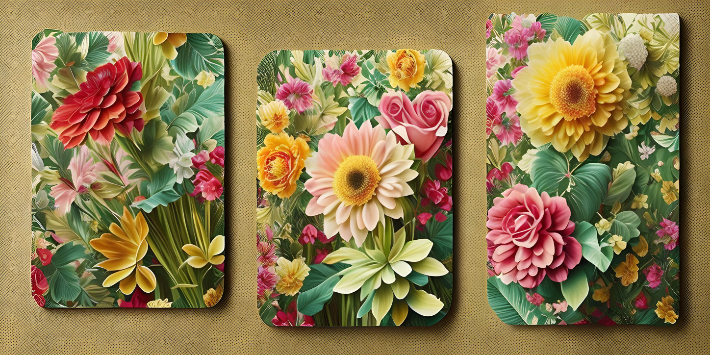 Vibrant floral patterns on textured yellow background