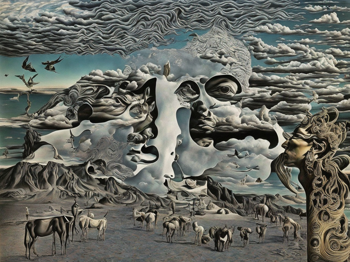 Surreal landscape with face-like formations, grazing cattle, birds, mountains, and swirling clouds.