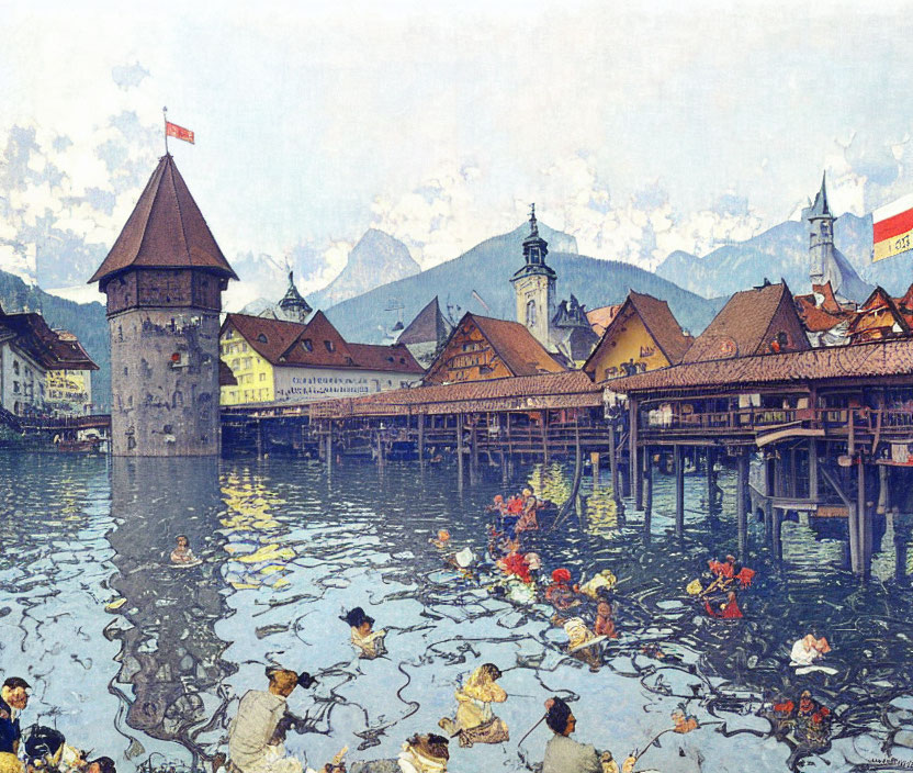 Vintage-style illustration of Chapel Bridge and Water Tower in Lucerne, Switzerland with swans and mountains.