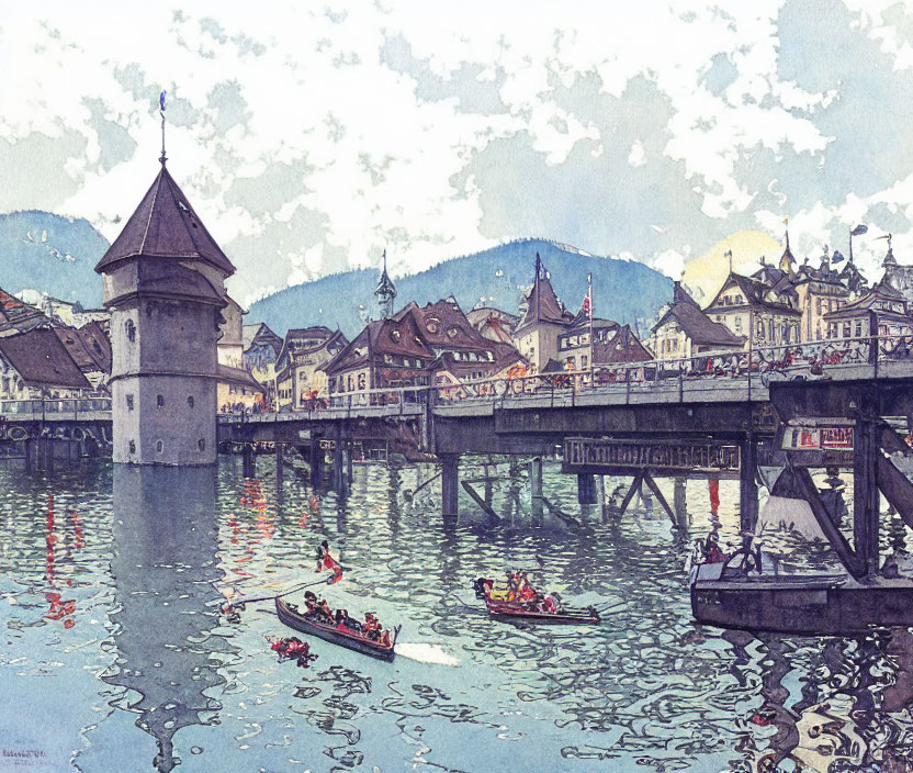 Historic wooden bridge watercolor with tower, rowboats, and old buildings.