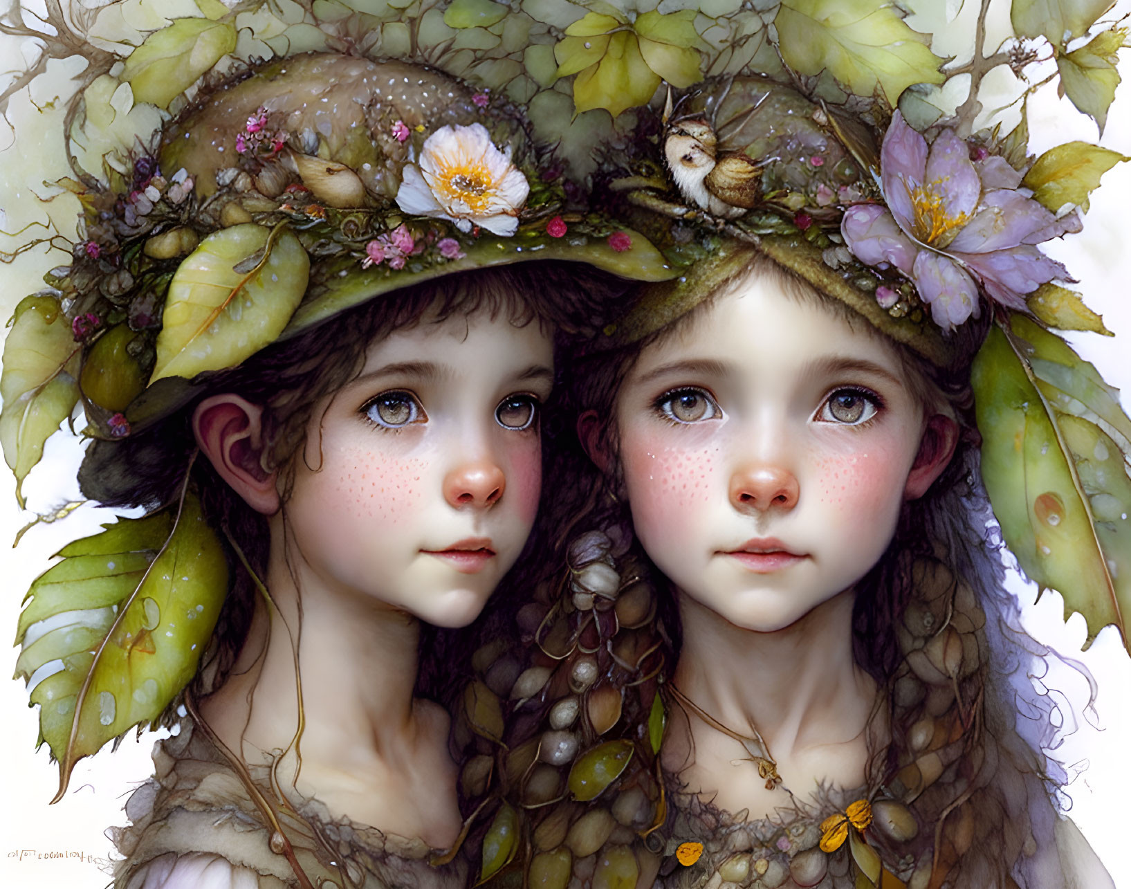 Two young girls in floral hats with leaves and a small bird, gazing with expressive eyes.