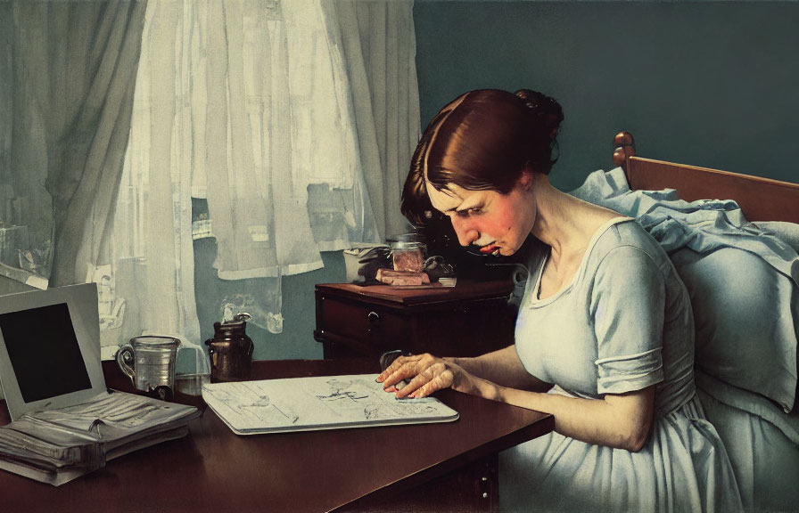 Woman in blue dress with sketchbook and computer in vintage-styled room.