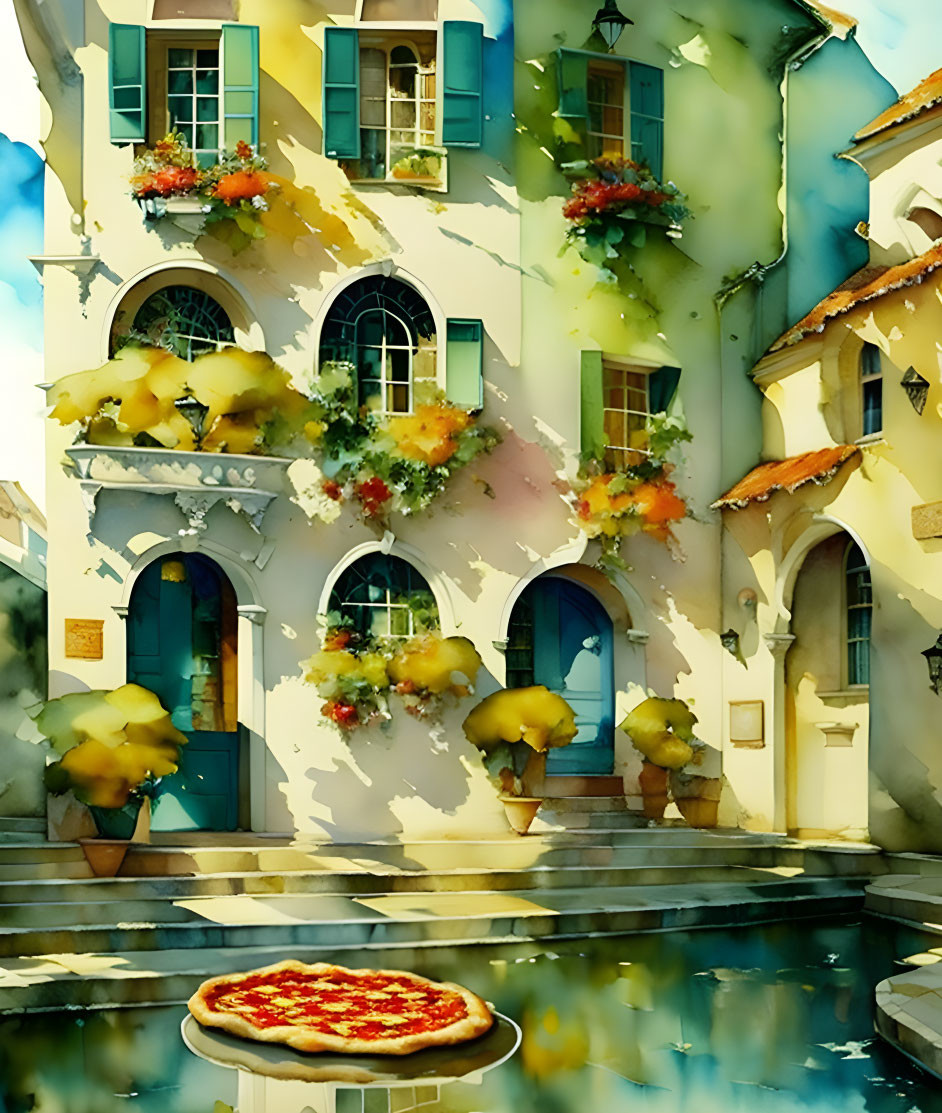 Vibrant European-style building with flowered balconies by a canal, featuring a floating pizza.