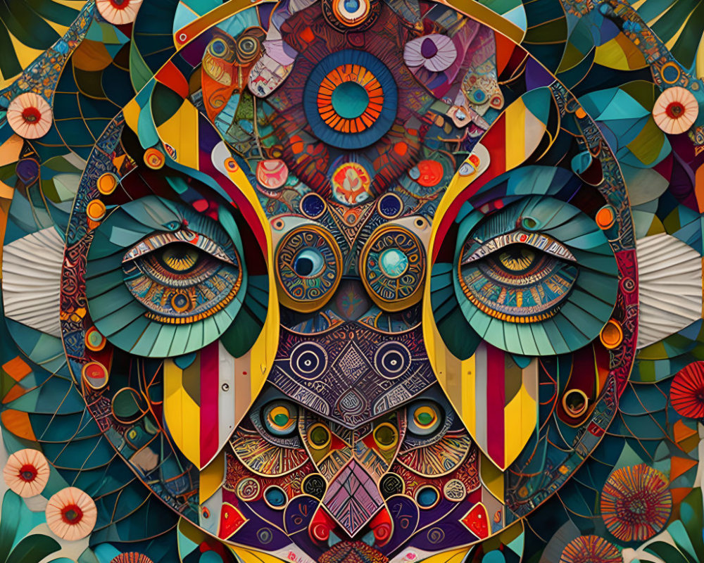 Symmetrical Owl Face Artwork with Colorful Geometric Patterns