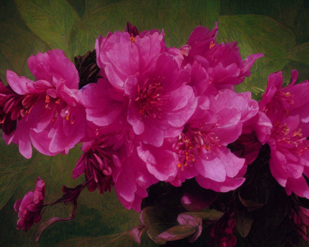 Close-up of vibrant pink cherry blossoms on muted green textured background