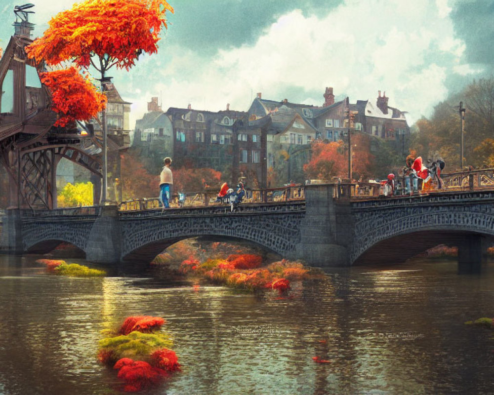 Scenic bridge over river with people and orange trees in autumn setting