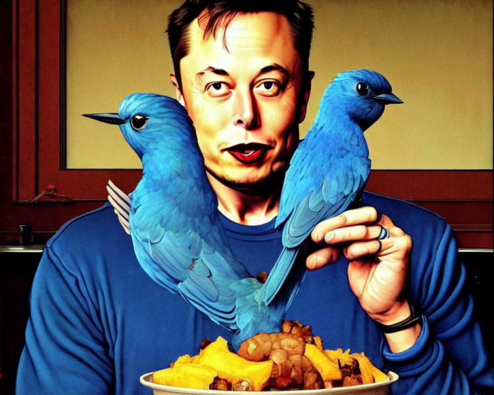 Stylized image of person with fork, bluebirds, and bowl