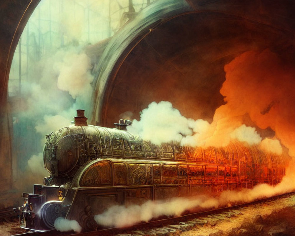 Vintage steam locomotive emerges from tunnel with glowing engine in sepia-toned scene