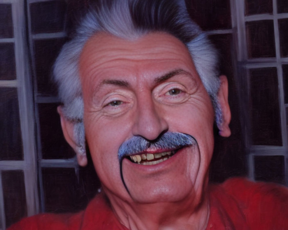 Elderly man with mustache in red shirt against window background